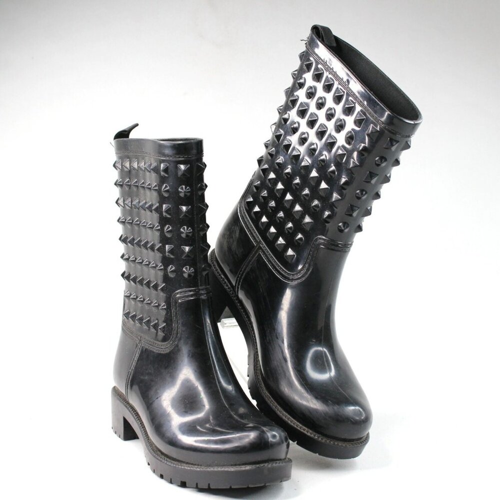 Seven Color Womens Sz 6M Rain Boots Spiked Rubber Slip On Black Waterproof - Picture 2 of 7